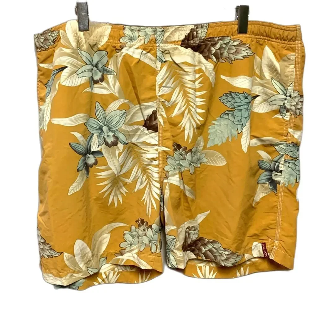 Tommy Bahama Relax Men's Gold Blue Tropical Print Drawstring Swim Trunks Sz XXL